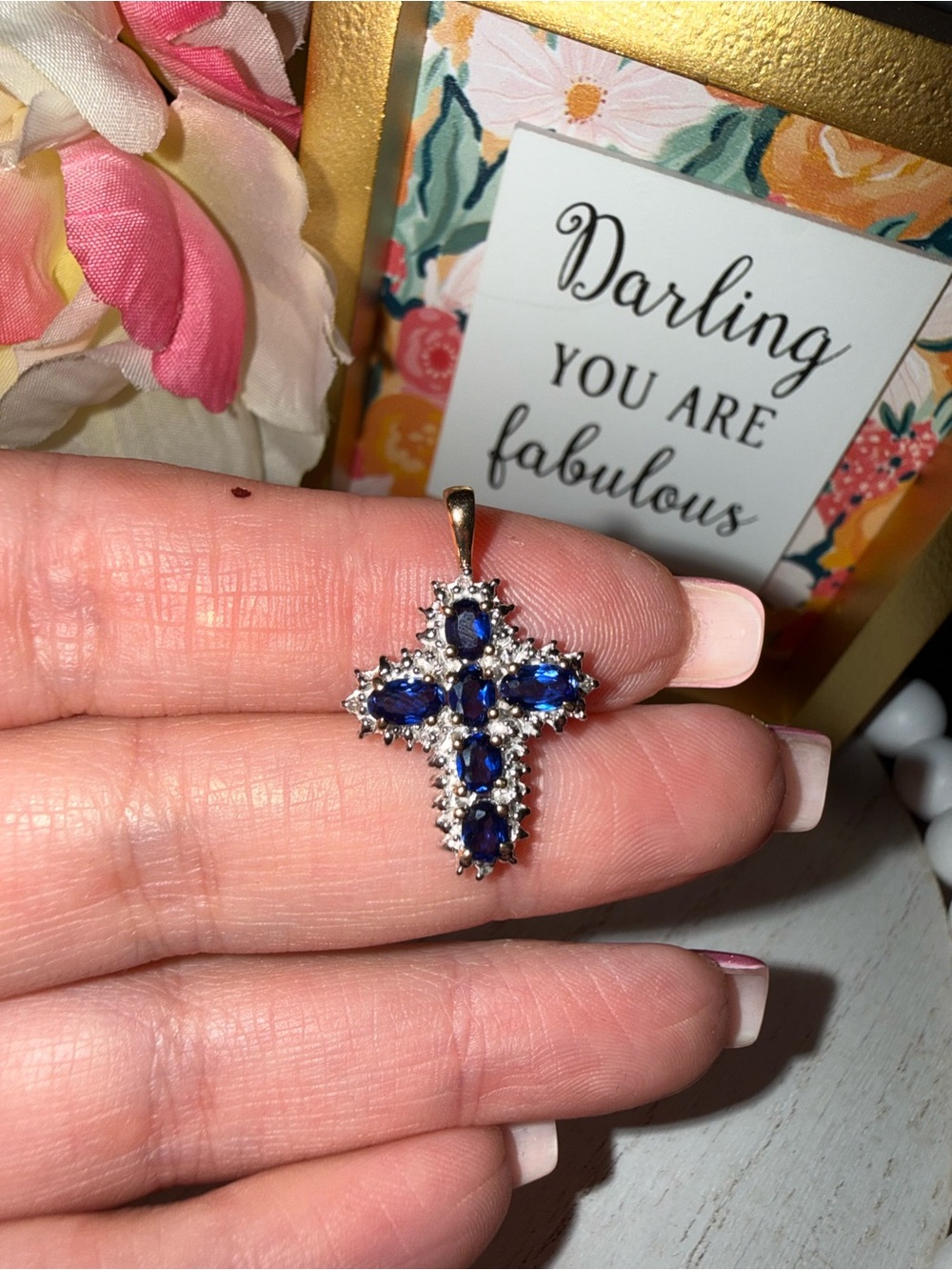 10K Two Tone Gold Sapphire & Diamond Cross Pendant 2.35g Fine Jewelry